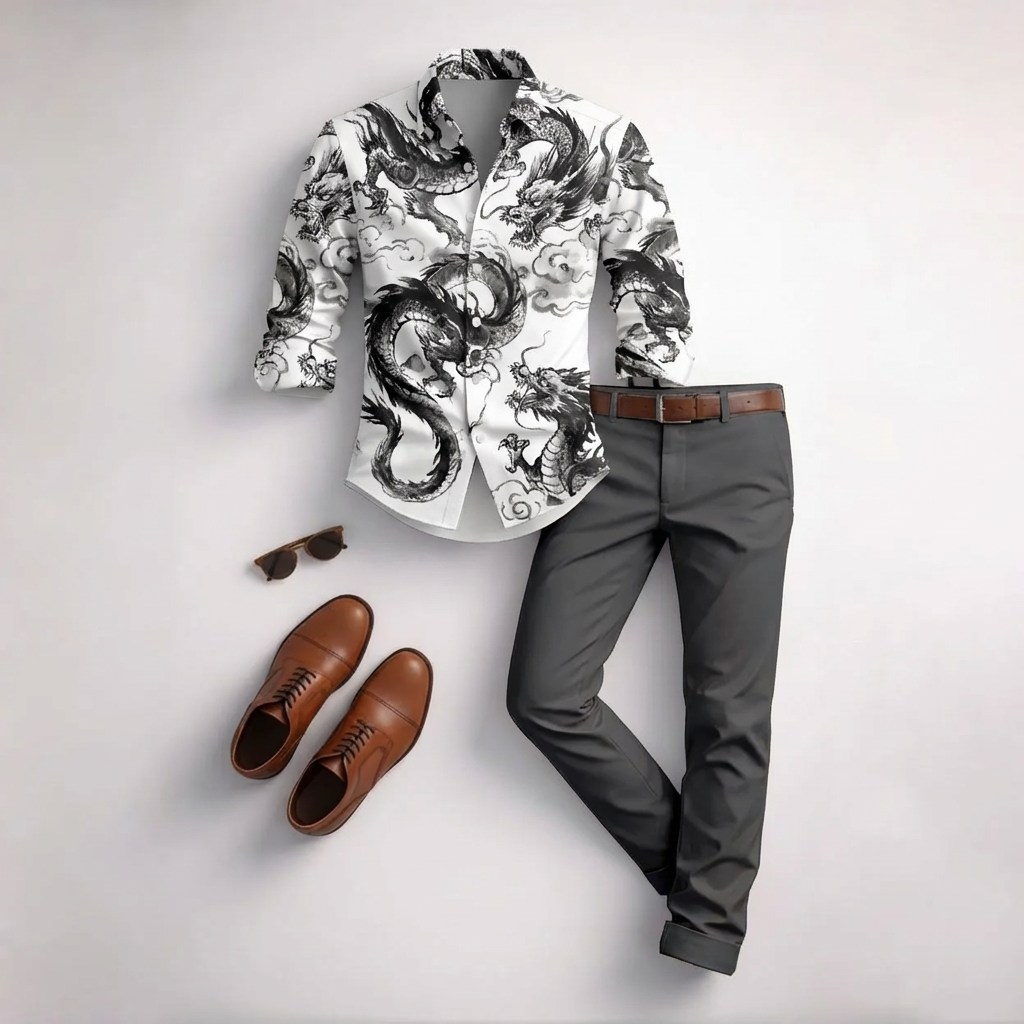Conjunto de dos piezas casual White & Black Dragon estampado de manga larga camisa And Trousers para hombre