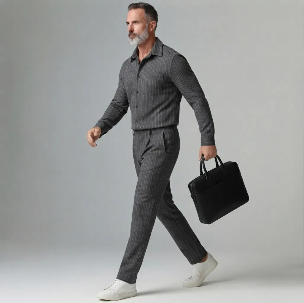 para hombre Dark Gray Pinstripe Print Chest Pocket Button-Up camisa & Suit pantalón 2Pcs Set