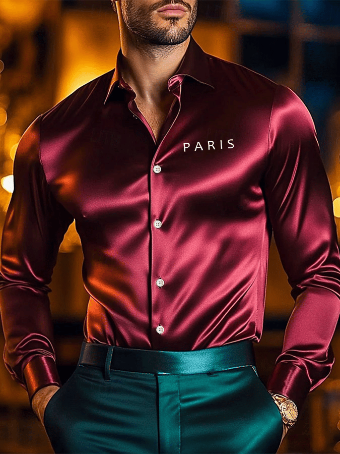Camisa vintage ejecutivo casual estampado satén de manga larga para hombre