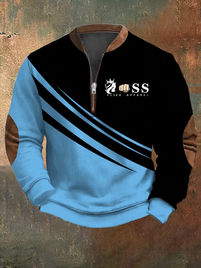 Sudadera retro Letter Design estampado casual cierre cuello de manga larga para hombre