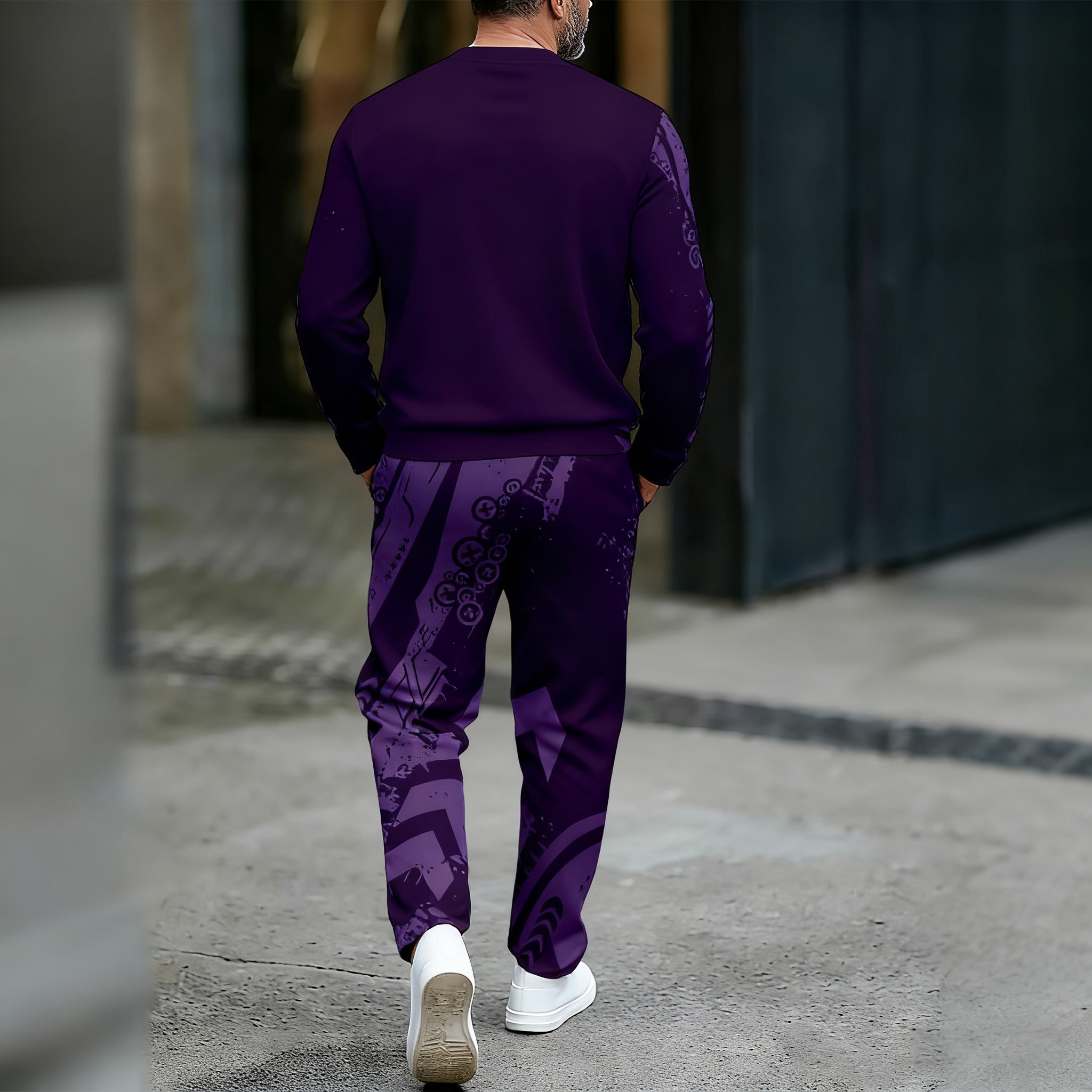 Conjunto de dos piezas casual Color Matching estampado Round-Neck Zipper de manga larga Trousers para hombre