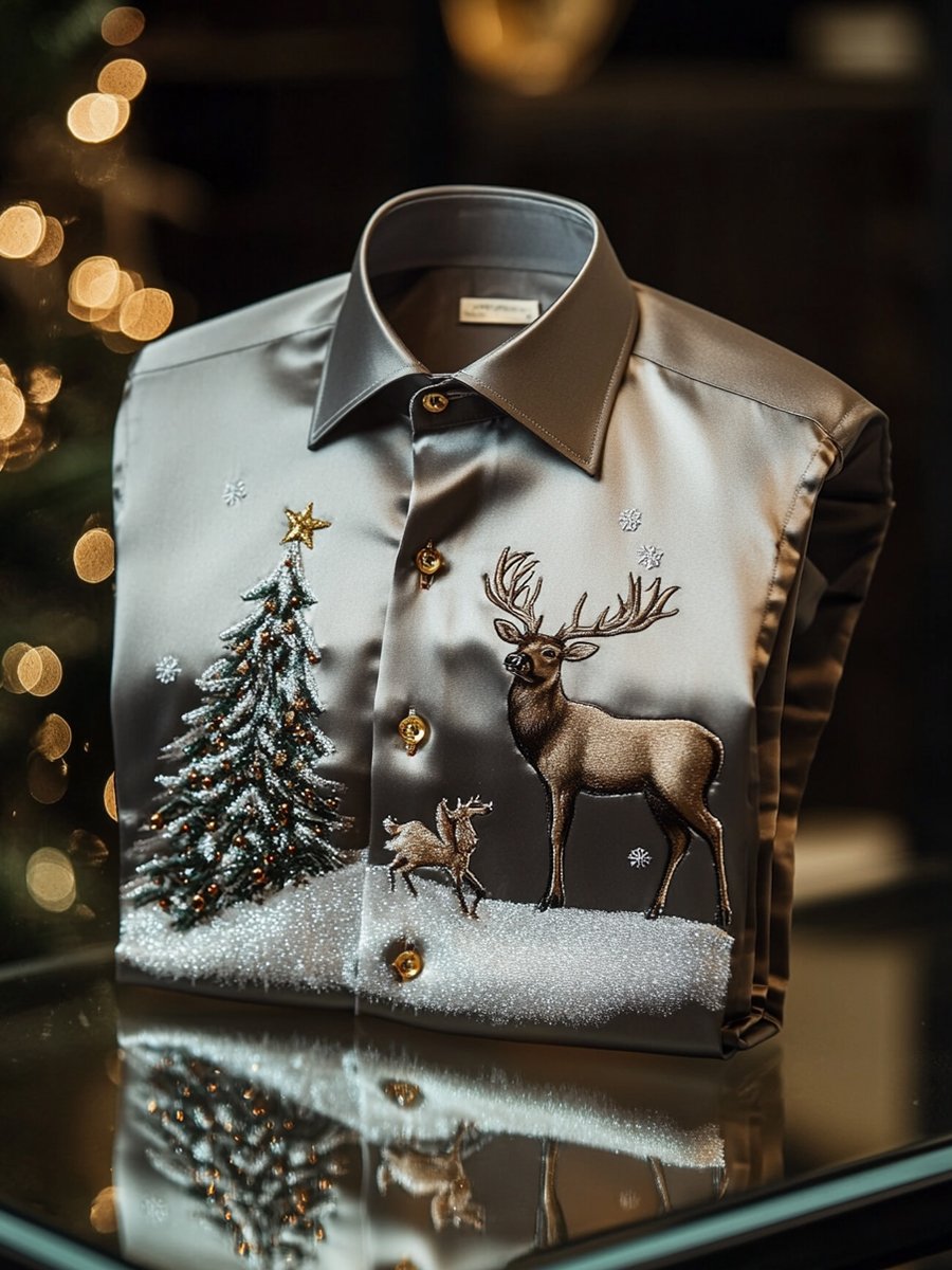 Camisa Christmas ejecutivo de lujo Christmas Tree and Christmas Elk de manga larga para hombre