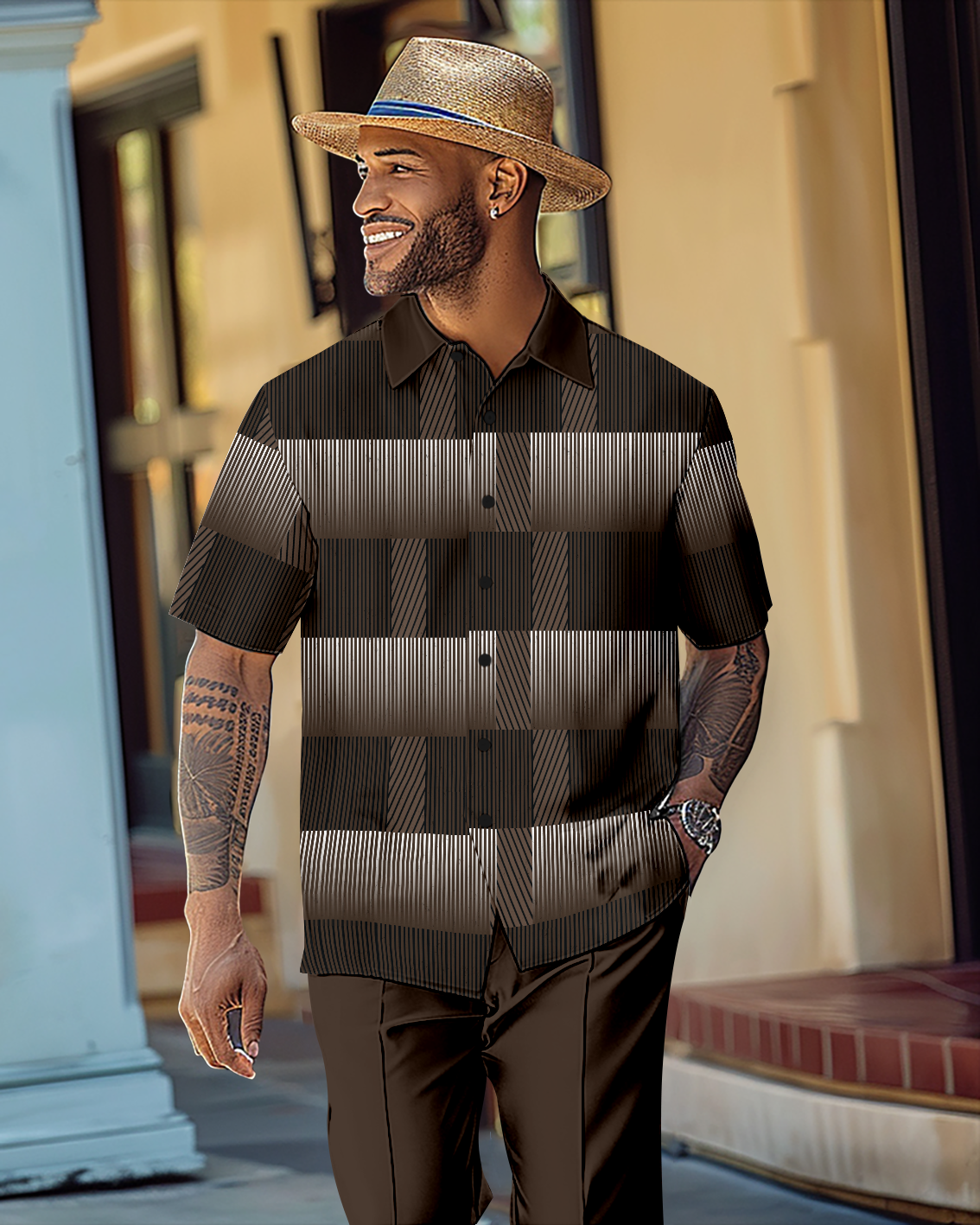 Camisa Gradient en bloques de color de manga corta Walking Suit 1145 para hombre