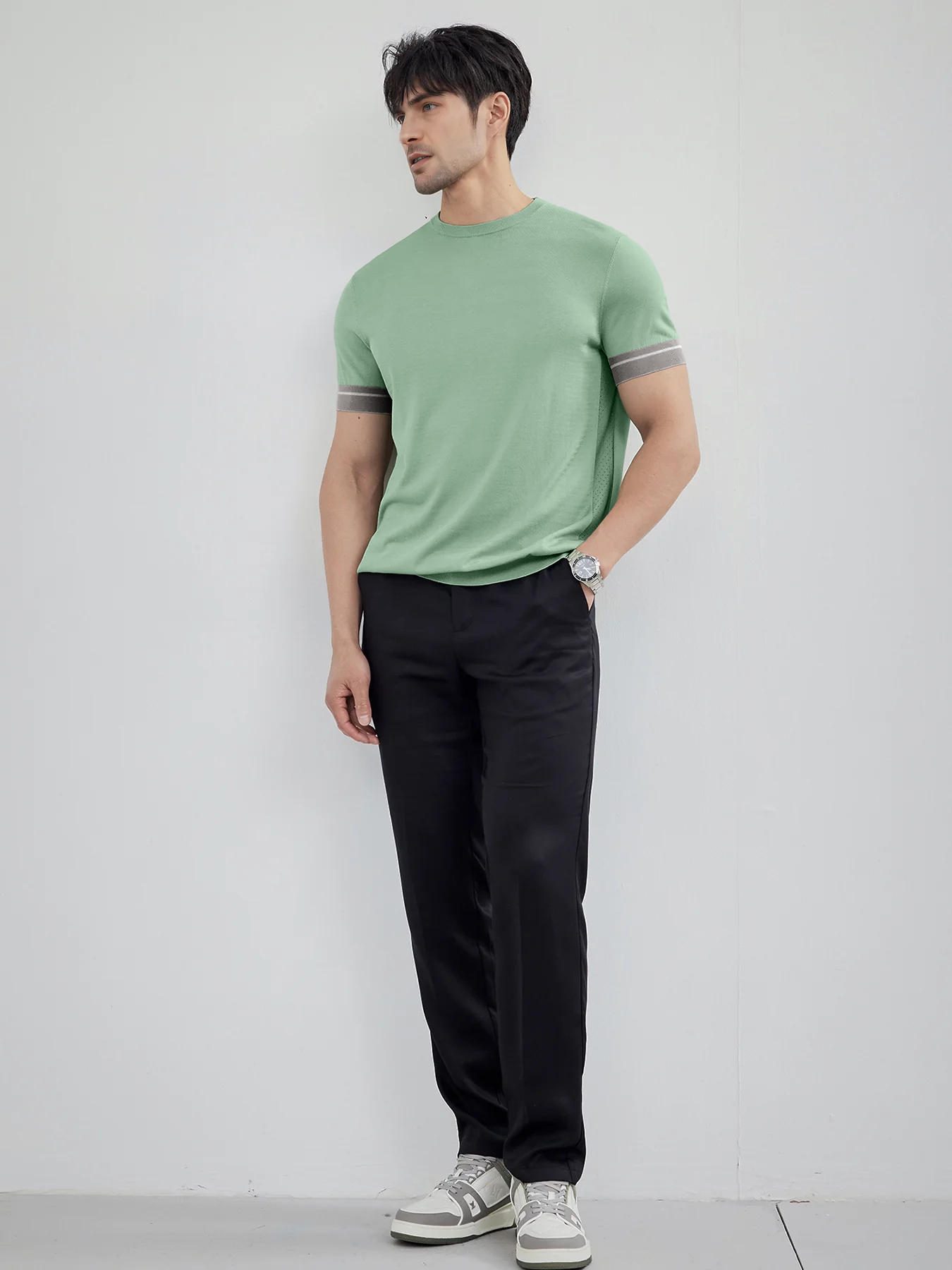 Camiseta Cooltejido en bloques de colored Cuffs de manga corta tejidoted
