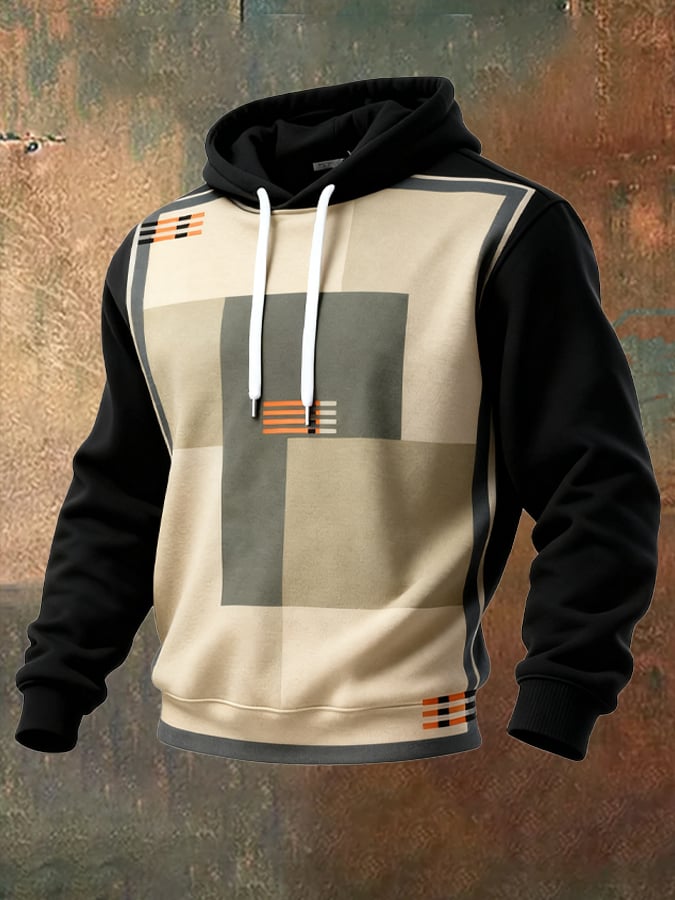 Sudadera retro desgastado en bloques de color estampado casual de manga larga para hombre