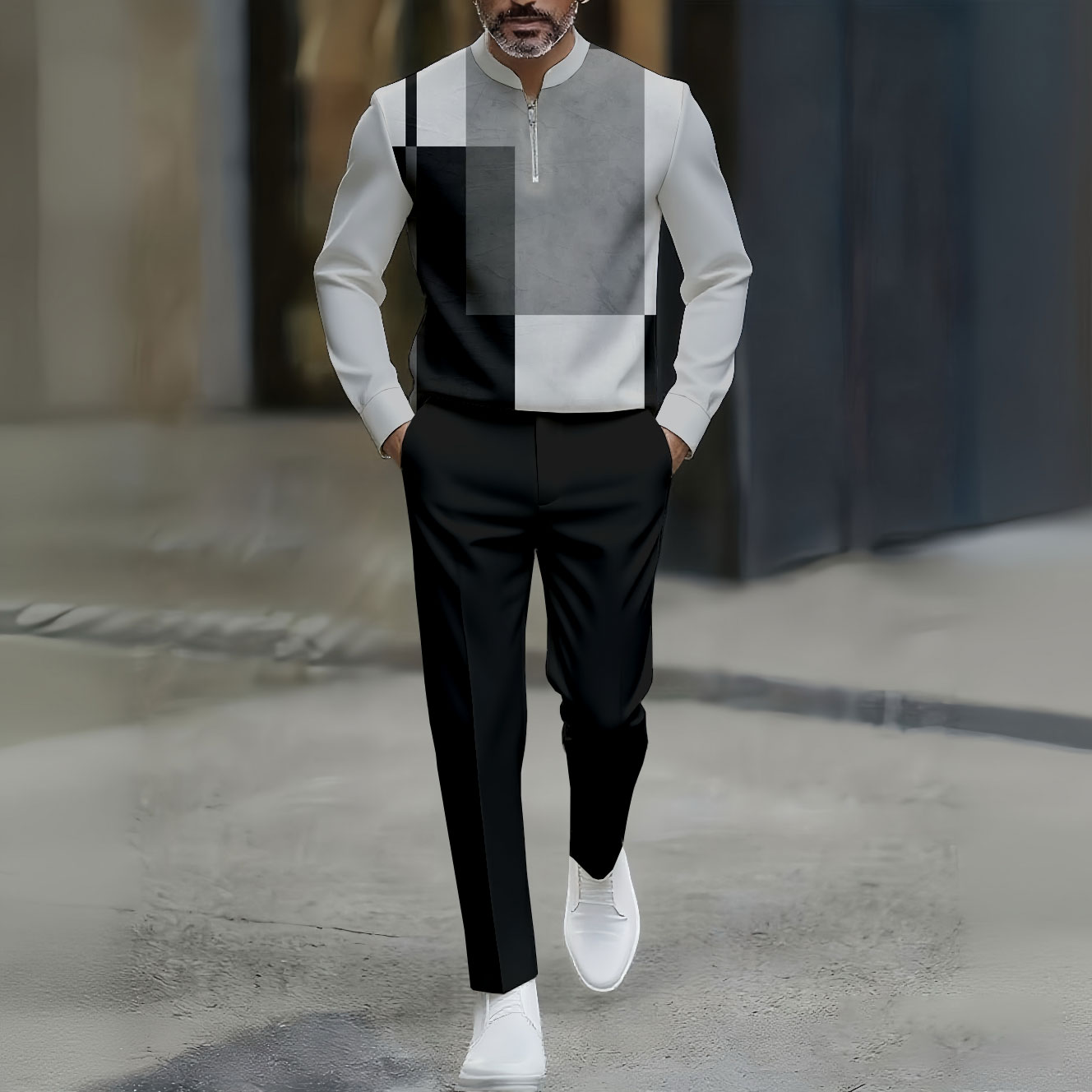 Conjunto de dos piezas casual Black & Gray Color Matching Geometric estampado Round-Neck Zipper de manga larga Trousers para hombre