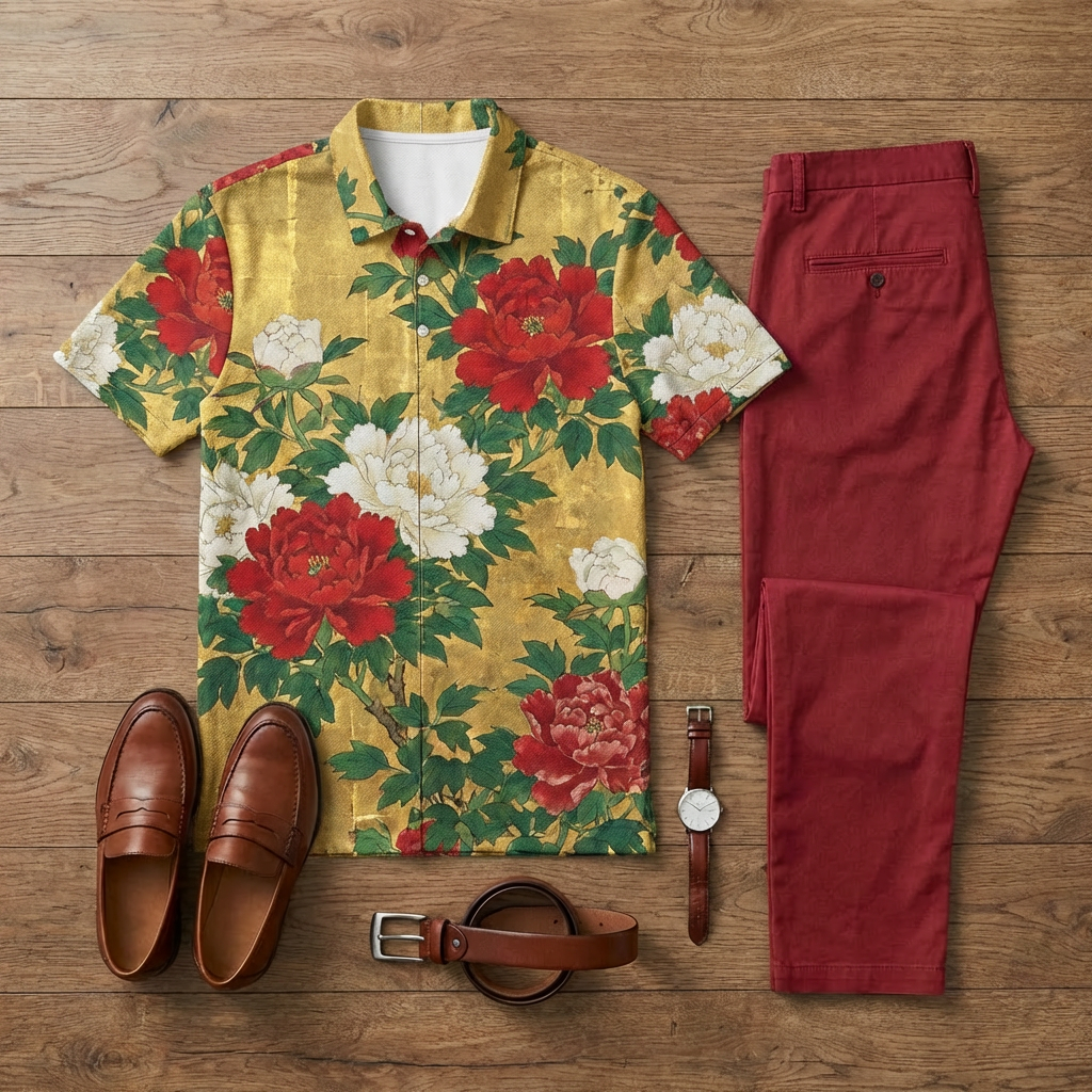 Conjunto de dos piezas casual Apricot Flowers estampado de manga corta camisa polo And Trousers para hombre