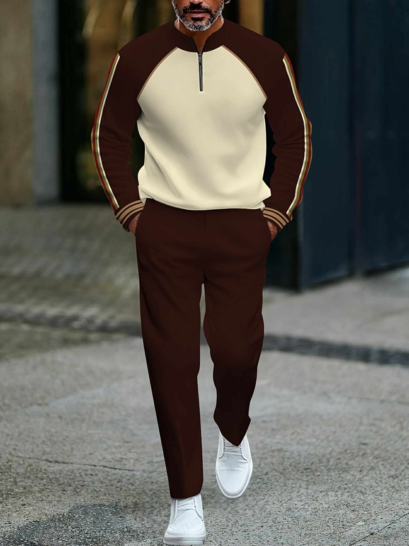 Conjunto de dos piezas casual Coffee & Apricot Color Matching estampado Round-Neck Zipper de manga larga Trousers para hombre
