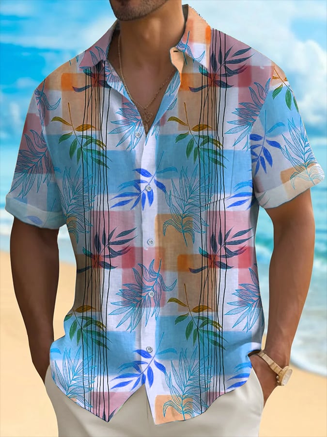 para hombre Hawaiian Leaf Print de manga corta Pockets camisa