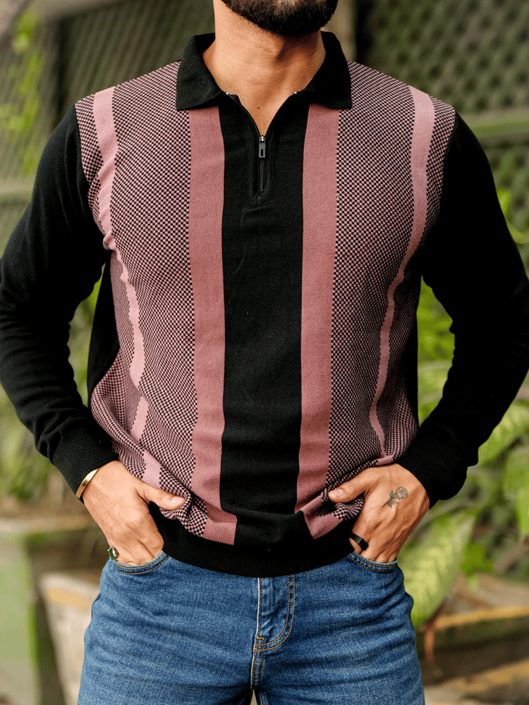 Camisa polo retro ejecutivo rayas estampado de manga larga para hombre