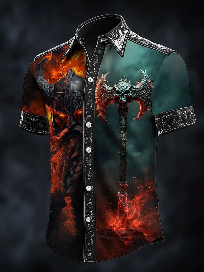 Camisa casual vintage Viking warrior satén para hombre