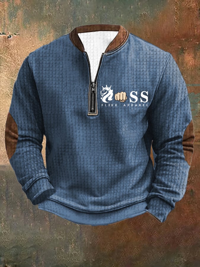 Sudadera retro Letter Design estampado cierre cuello Square jacquard para hombre