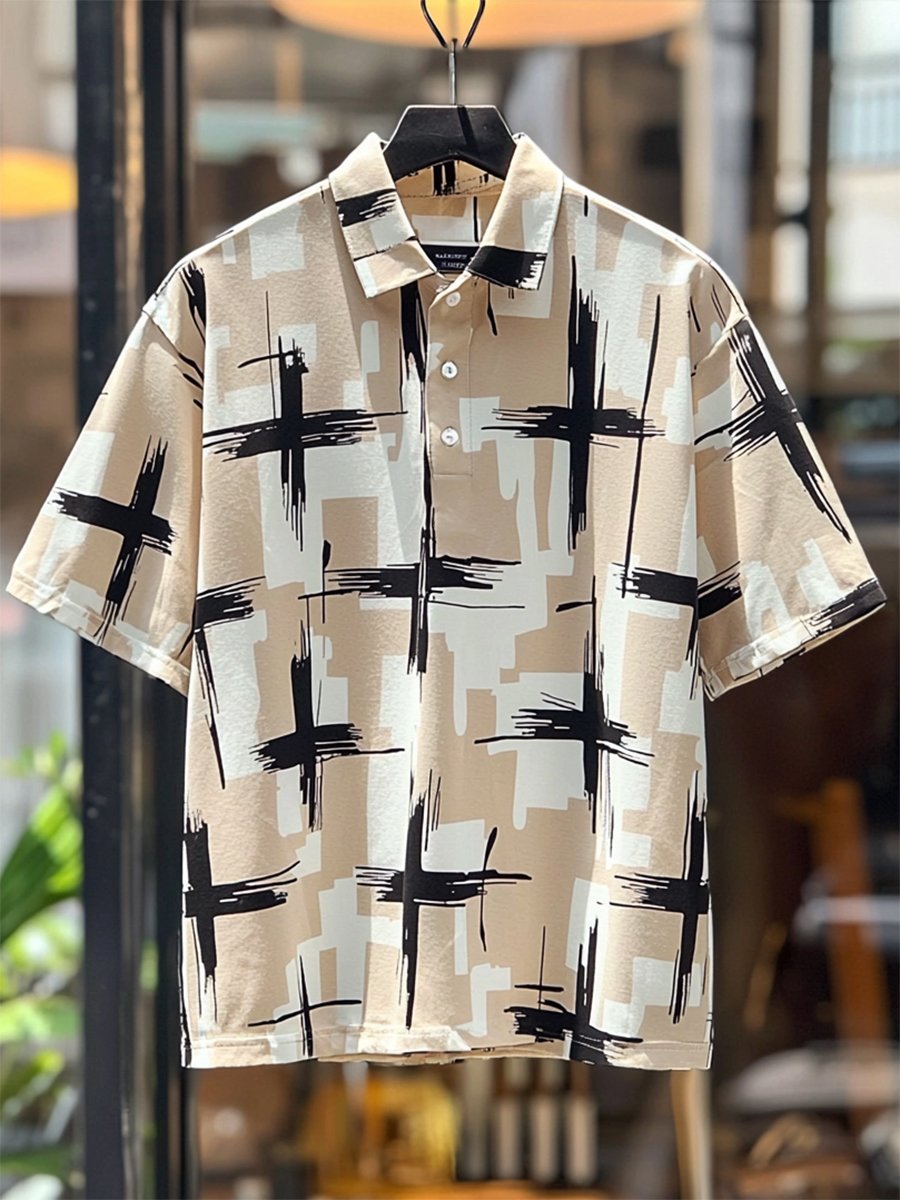 Camisa polo ejecutivo casual Cross estampado Button de manga corta para hombre