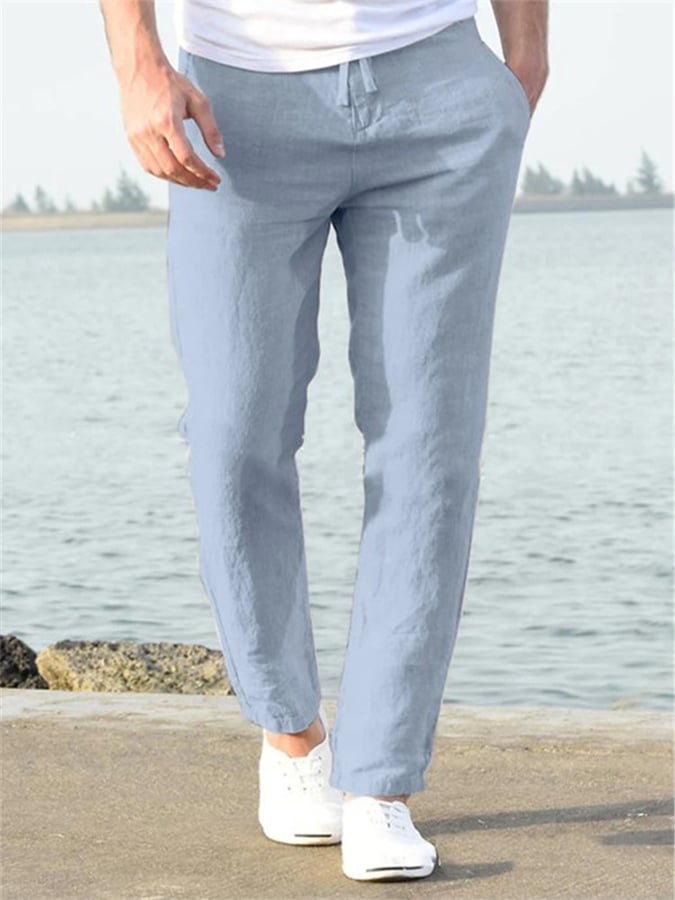 Casual de color sólido de algodón And de lino Drawstring Elastic Waist Trousers para hombre