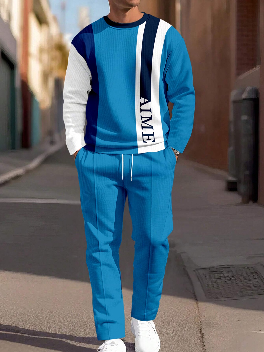 Simple Colorblock Round Neck casual Sports Set 055 para hombre