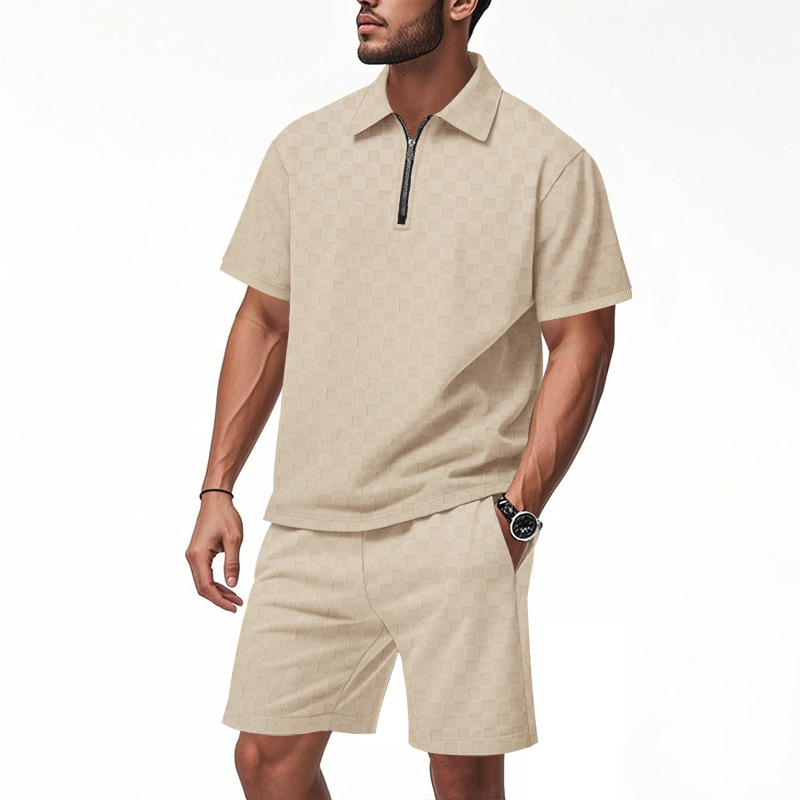 Conjunto de dos piezas Checkerboard Jacquard camisa polo and shorts Set, casual Half Zip de manga corta Collared Summer Outfit, Lightweight transpirable holgado Fit , Comfortable elegante Streetwear for para uso diario Wear Travel Vacation Resort Lounge para hombre
