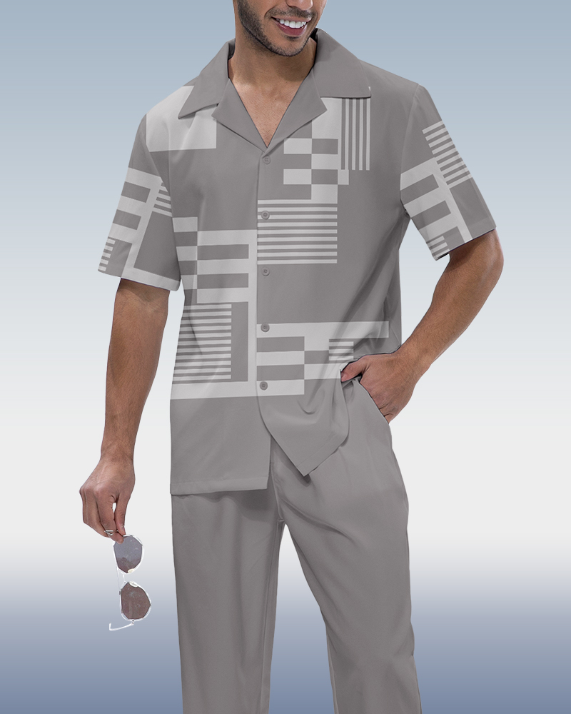 Camisa en bloques de color de lujo estampado de manga corta Walking Set 1013 para hombre