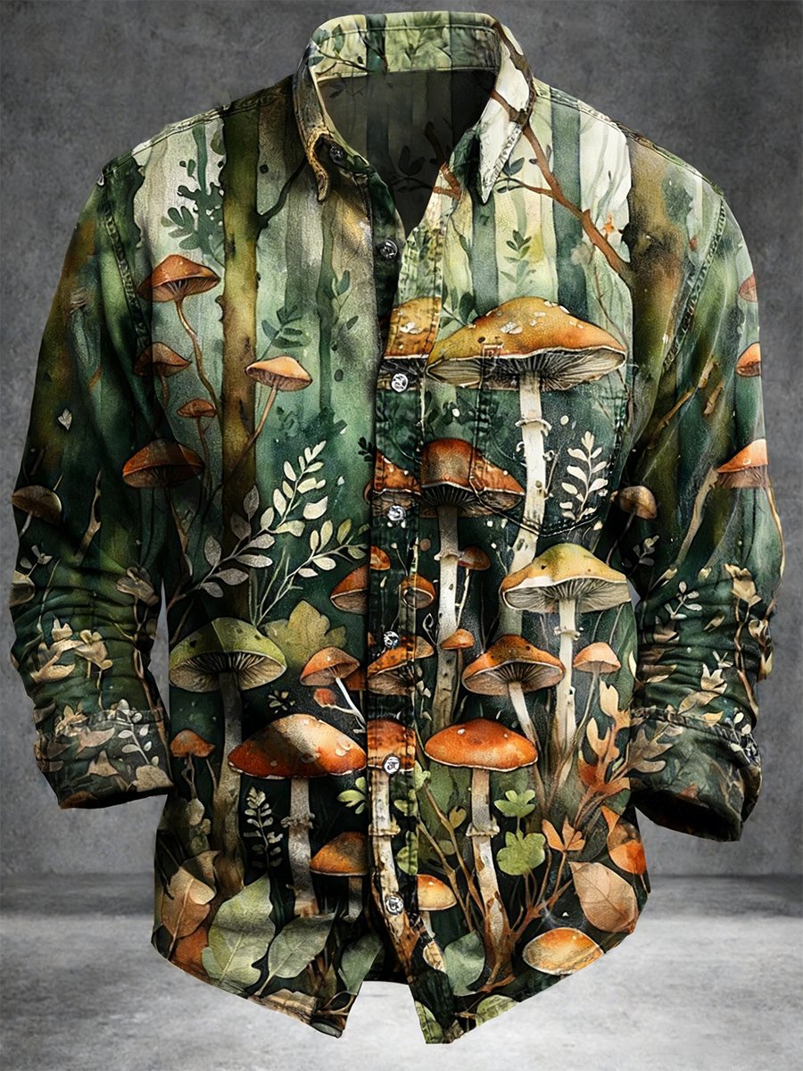 Camisa vintage Mushroom Art de manga larga para hombre