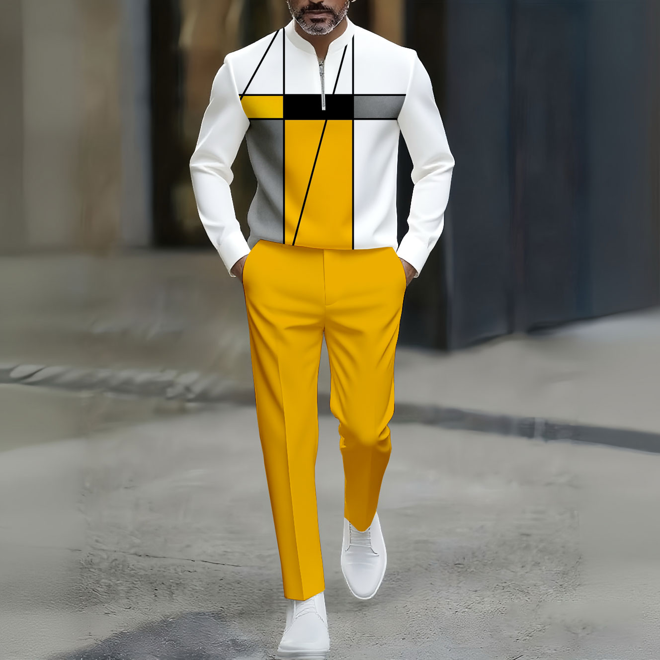 Conjunto de dos piezas casual Yellow & White Color Matching Geomectric estampado Round-Neck Zipper de manga larga Trousers para hombre
