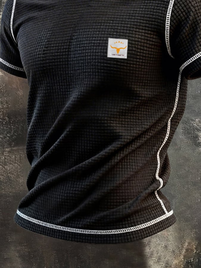 Retro en bloques de color tejido tipo waffle cuello redondo de manga corta Top para hombre