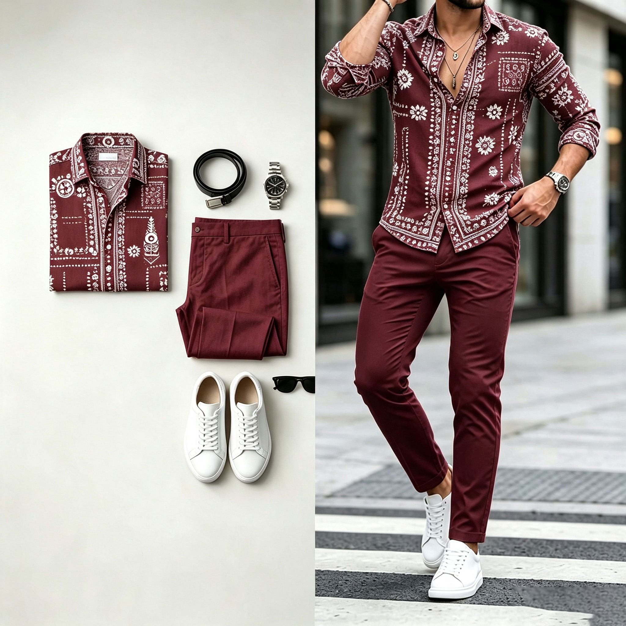 para hombre de manga larga camisa and pantalón Set with Diagonal Geometric Print
