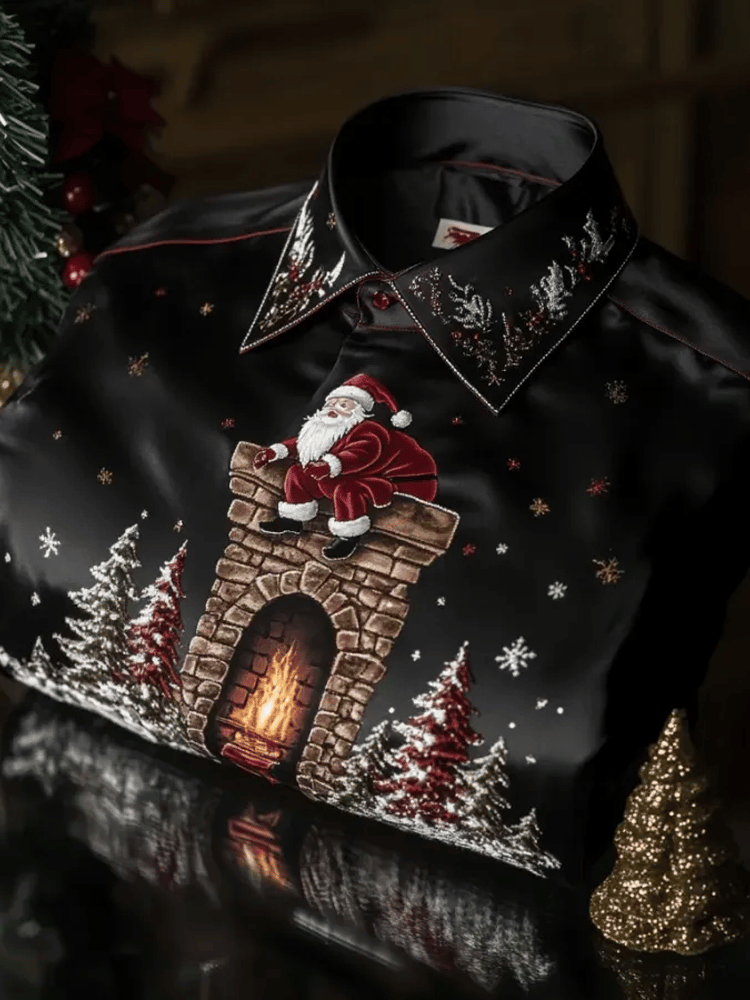 Camisa seda Christmas de lujo de manga larga para hombre