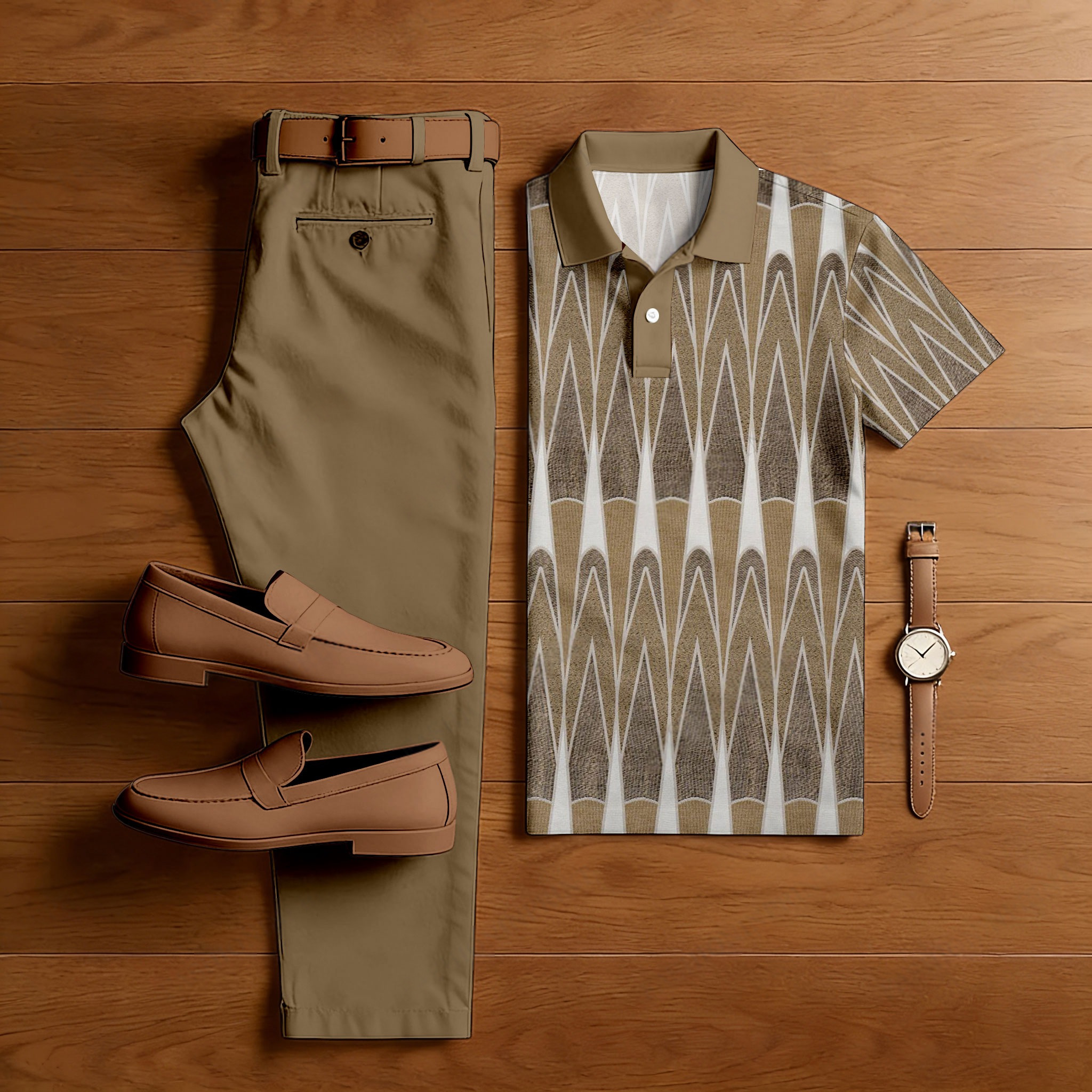 Conjunto de dos piezas casual Brown estampado camisa polo And Trousers para hombre