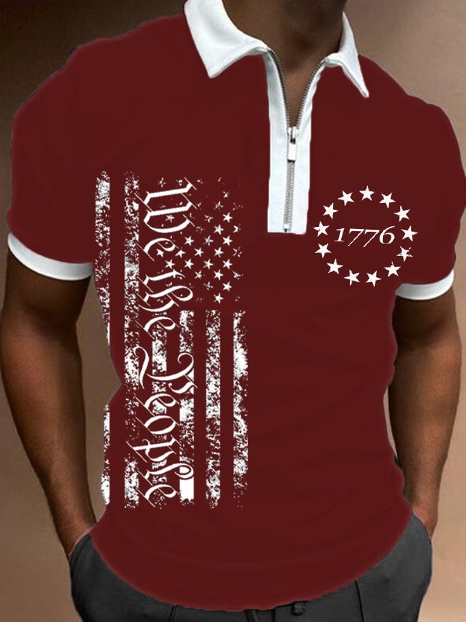 Camisa polo Independence Day 1776 Flag estampado Zip Collar para hombre