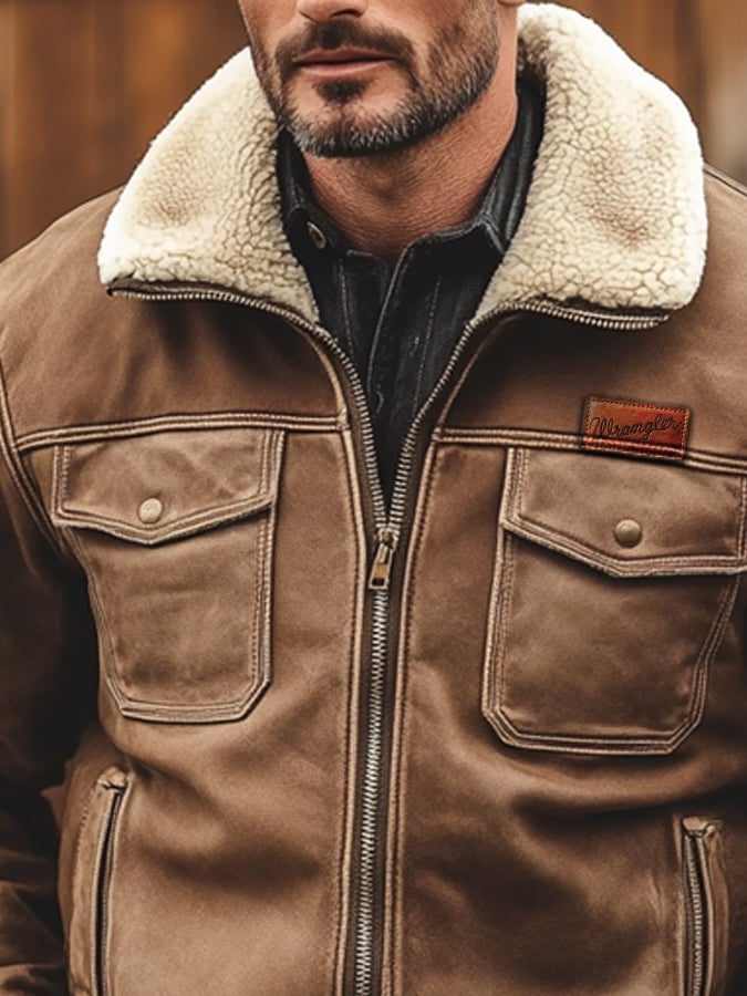 Chaqueta retro clásico desgastado casual Fur cuello bolsillo para hombre