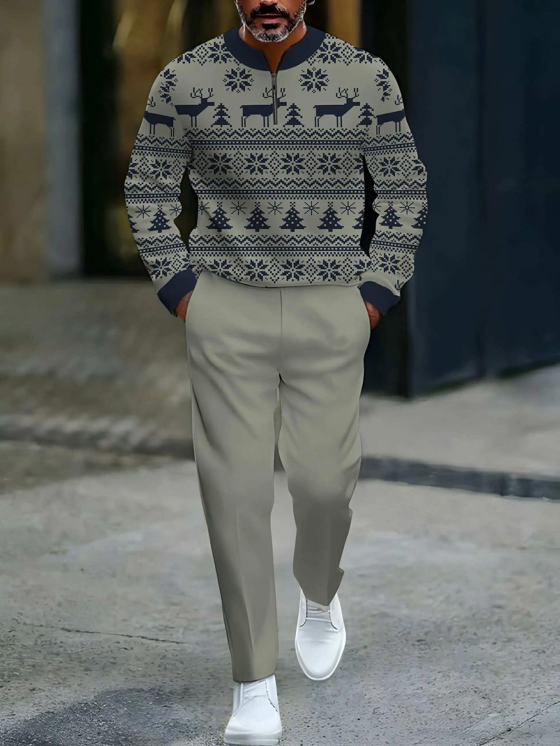 Conjunto de dos piezas casual Gray & Navy Color Matching Christmas estampado Round-Neck cierre de manga larga sudadera & Trousers para hombre