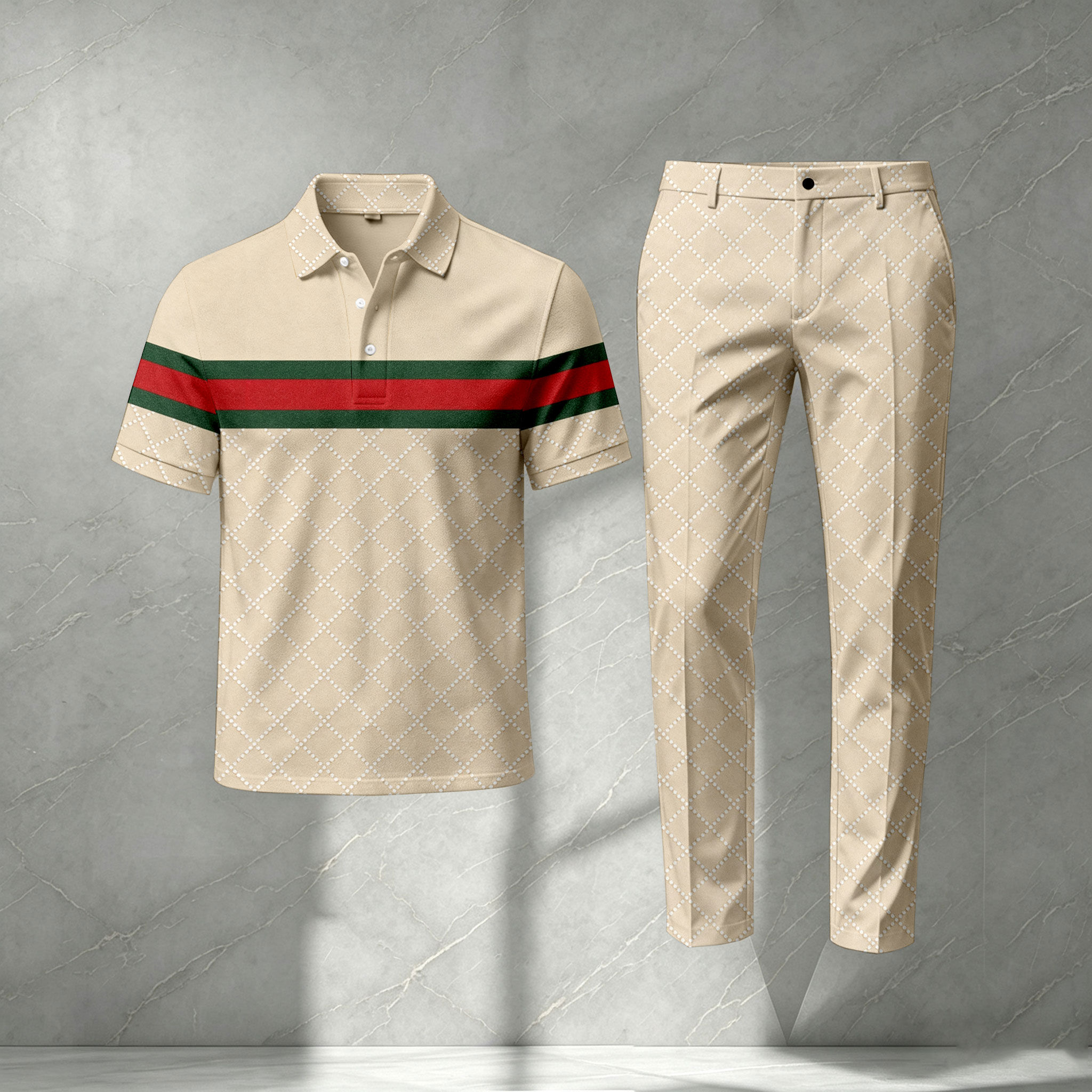 para hombre de manga corta camisa polo and pantalón Set with Fine Diamond Pattern