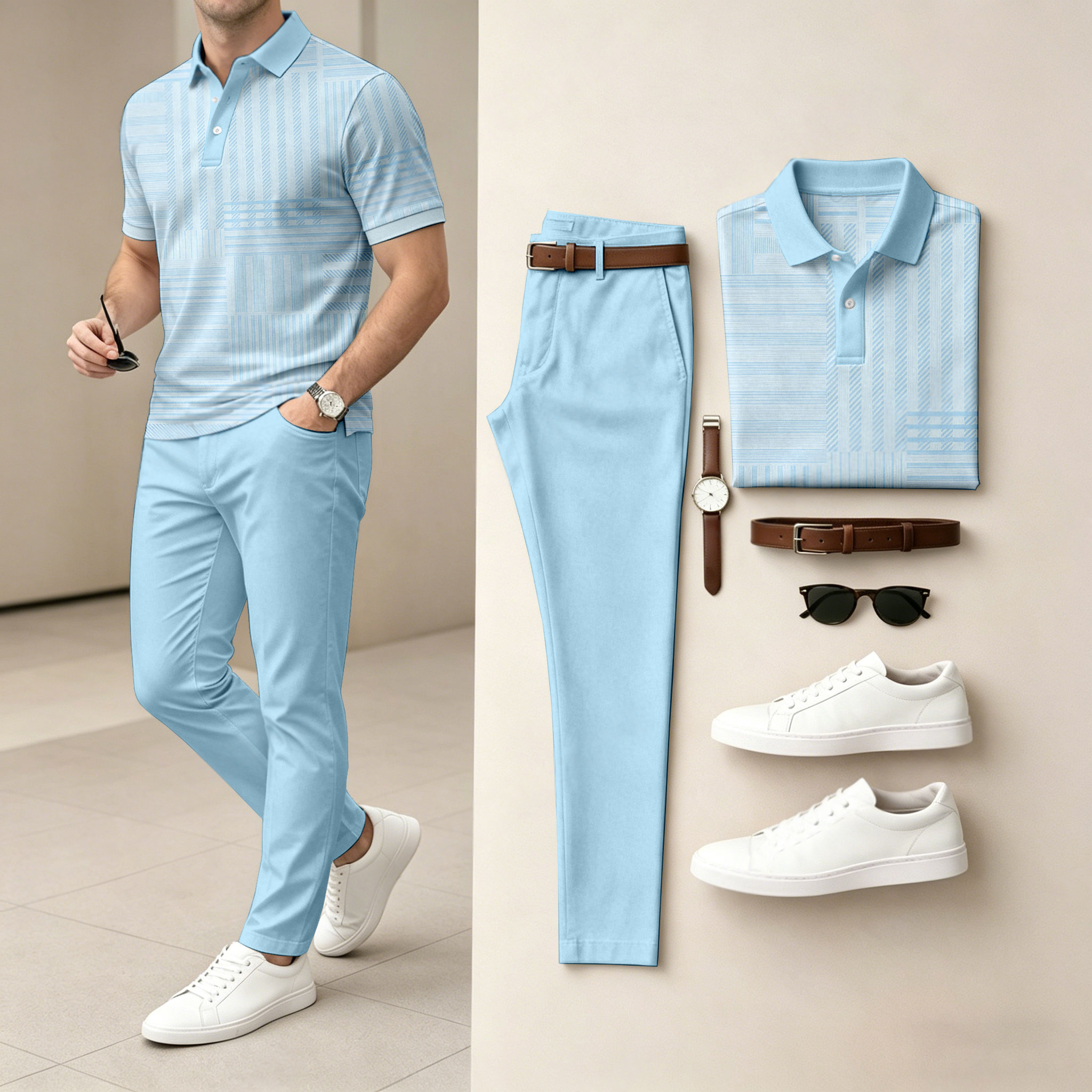Camisa polo casual a rayas estampado de manga corta And pantalón Set (Excludes Accessories Such As Watches And Belts) para hombre