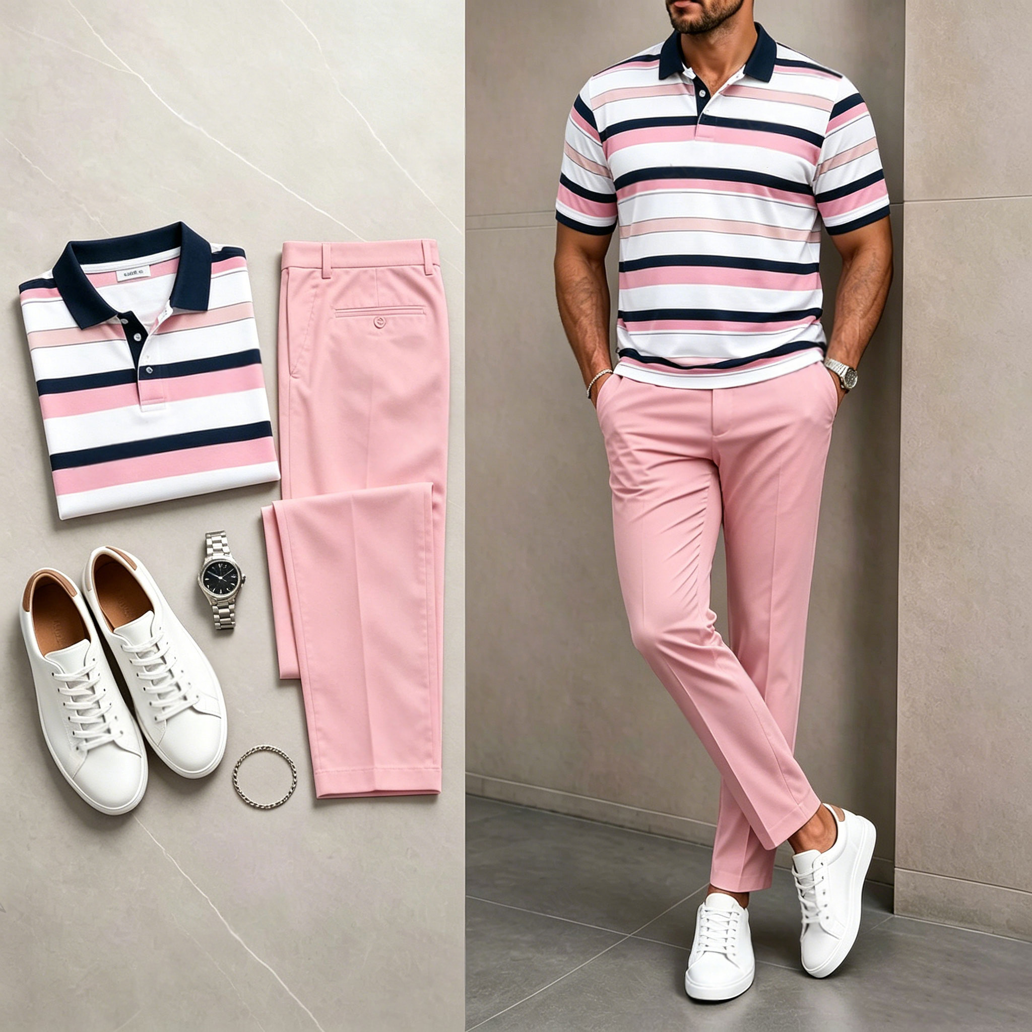 Conjunto de dos piezas casual Pink & White rayas estampado camisa polo And pantalón para hombre