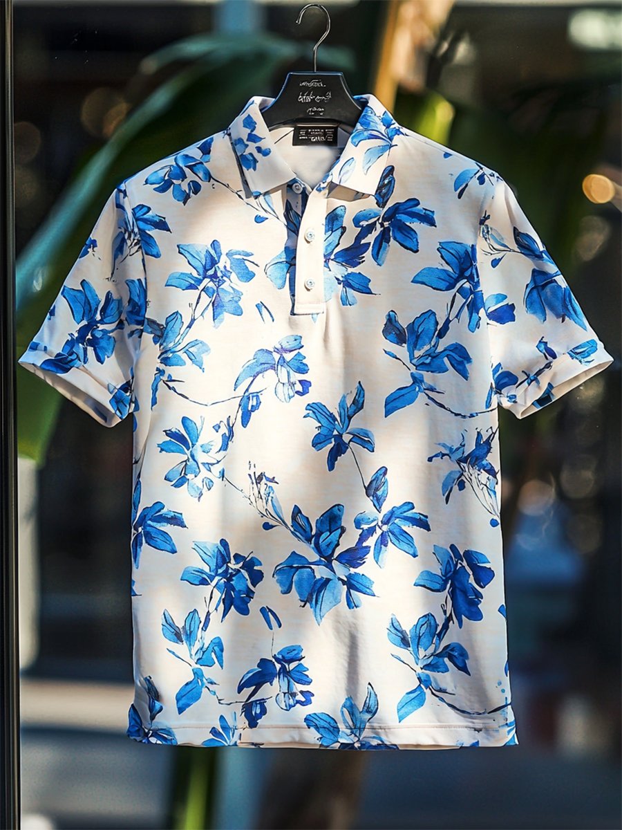 Camisa polo Resort floral estampado Button de manga corta para hombre