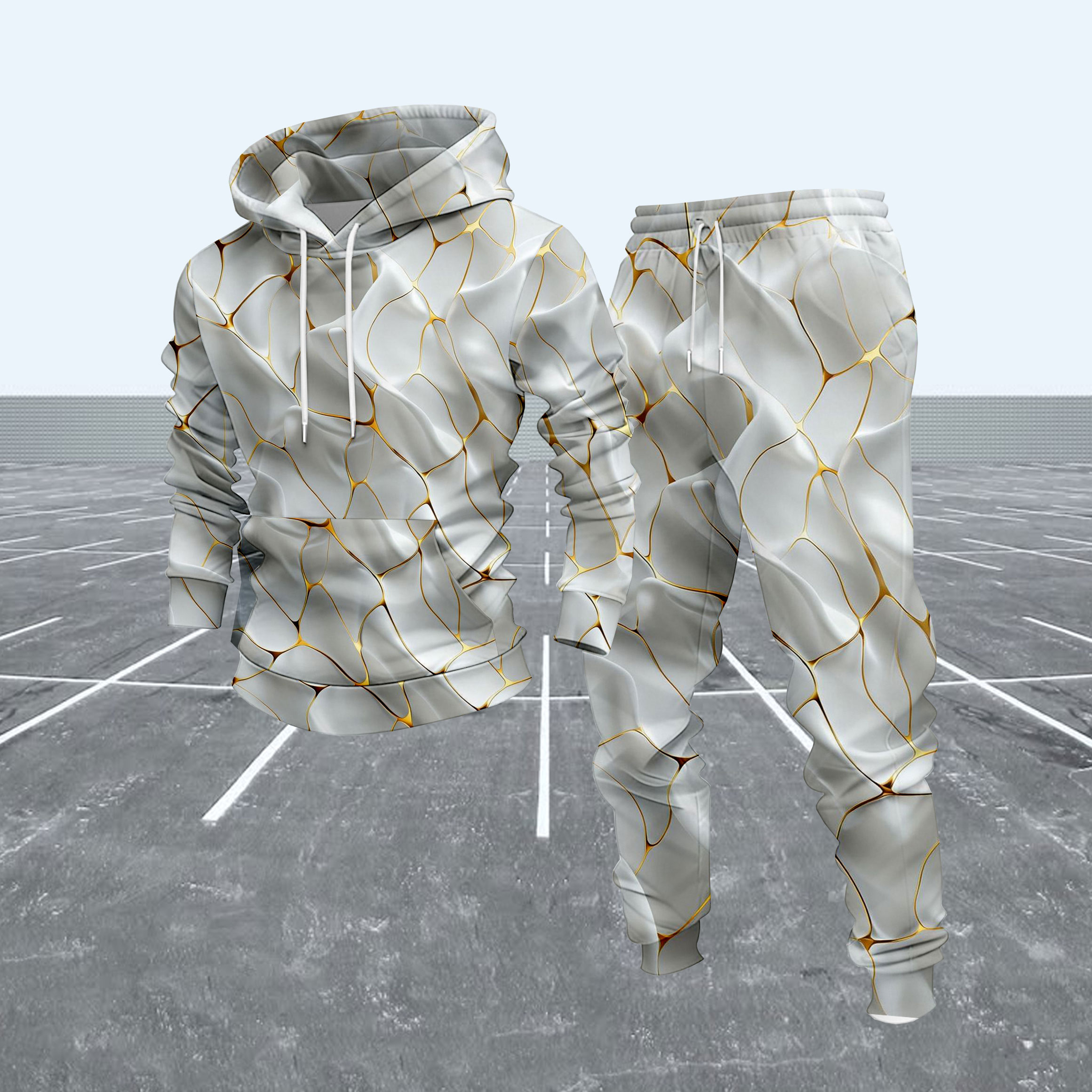 Conjunto de dos piezas casual White & Gold Geometric Pattern sudadera con capuchas de manga larga sudaderas & Sweatpantalón para hombre