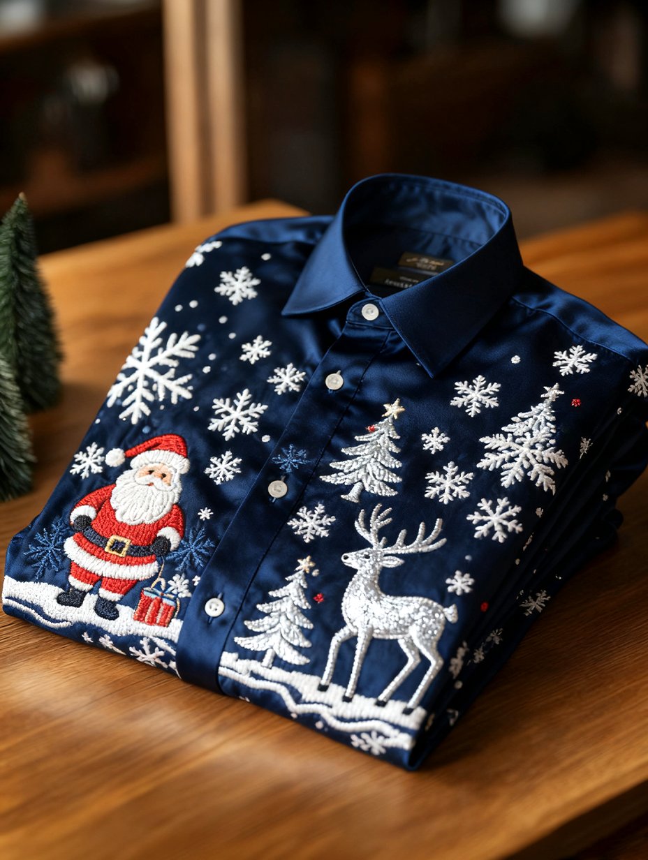 Camisa Christmas de manga larga con botones para hombre