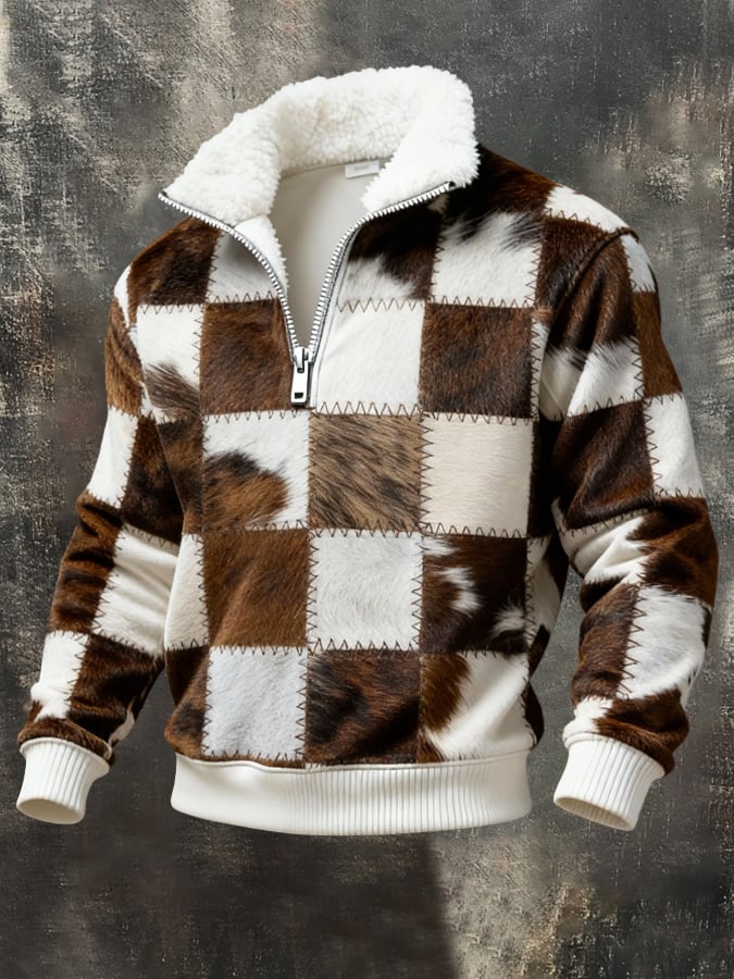 para hombre retro en bloques de color Print Sweacamiseta With Fur Collar