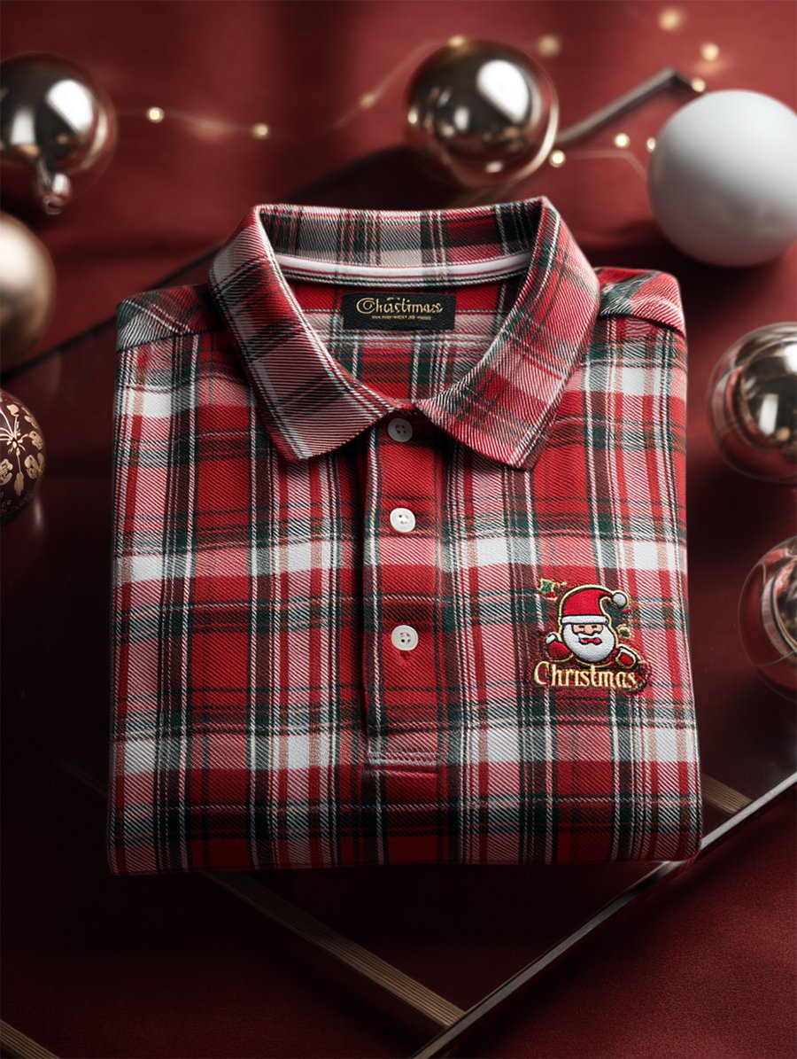 Camisa polo Christmas a cuadros de manga larga para hombre