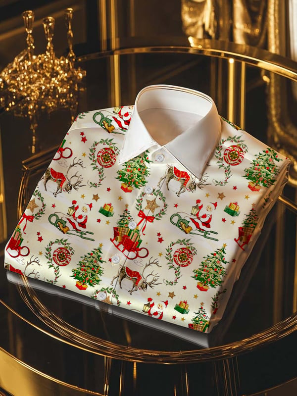 Camisa de lujo Christmas Contrast Color estampado de manga larga para hombre
