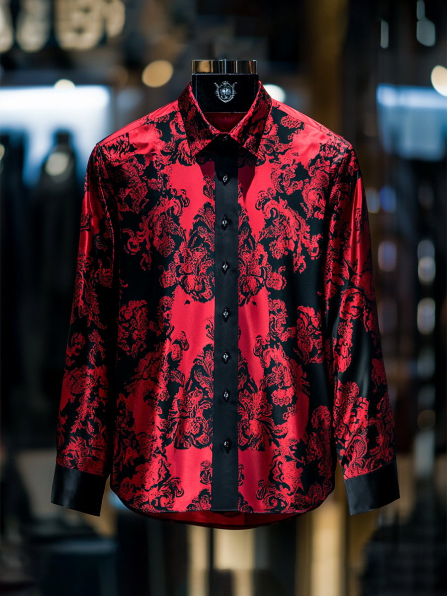 Camisa satén de lujo vintage ejecutivo de manga larga para hombre