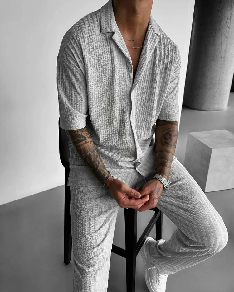 Conjunto de dos piezas White Textured de manga corta camisa casual 005 para hombre