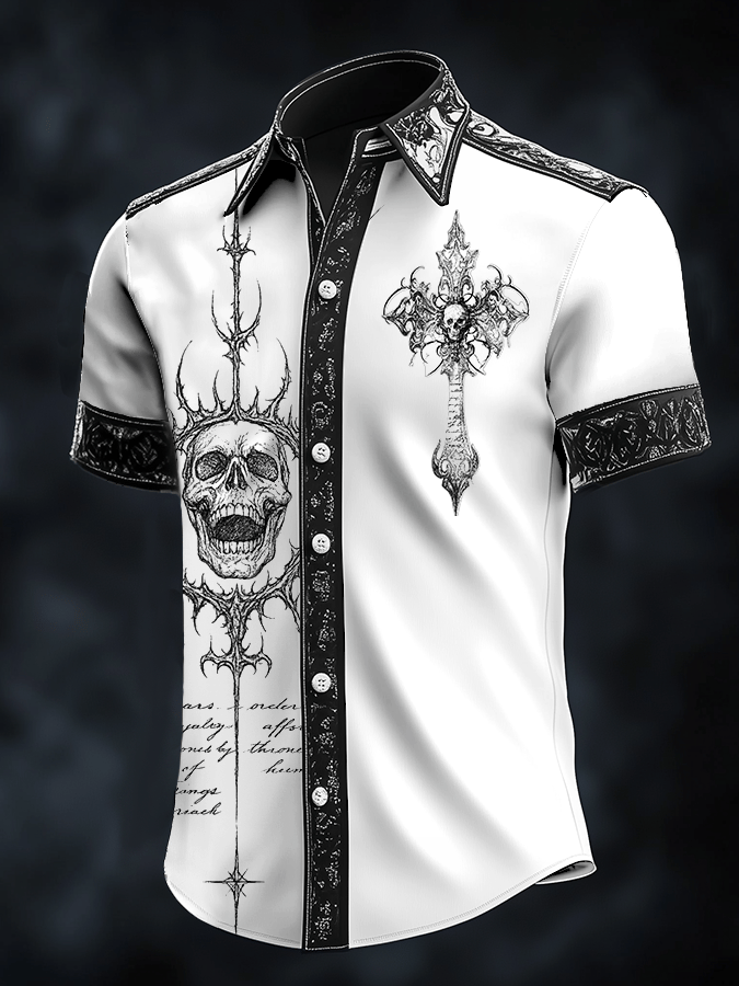 Camisa Dark Skull estampado satén de manga corta para hombre