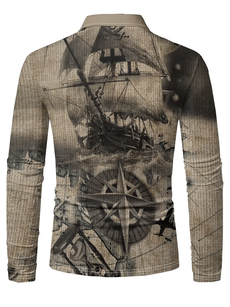 Camisa polo vintage Nautical Chart estampado de manga larga para hombre
