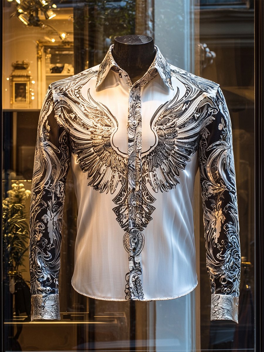 Camisa satén Luxe Wings de manga larga con botones para hombre