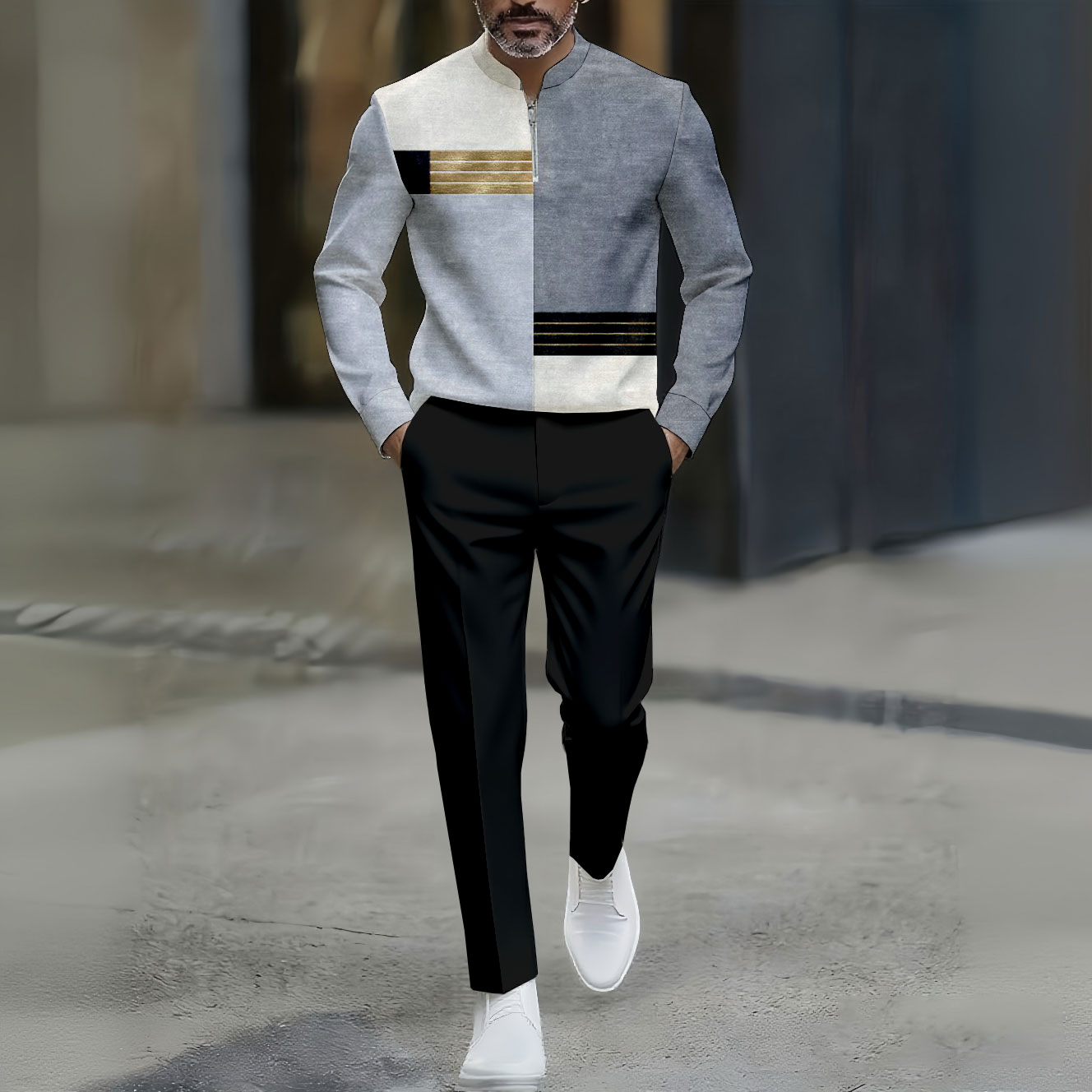 Conjunto de dos piezas casual Gray & Gold Color Matching Asymmetric a rayas estampado Round-Neck Zipper de manga larga Trousers para hombre