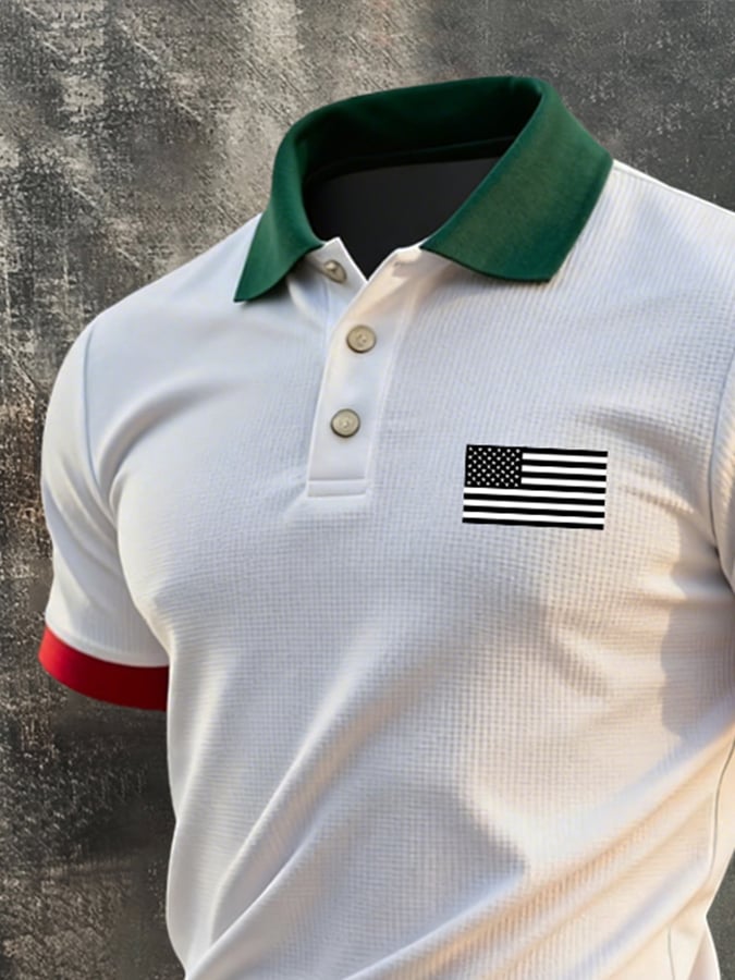 Camisa polo retro "Patriot" Color-Block tejido tipo waffle de manga corta para hombre