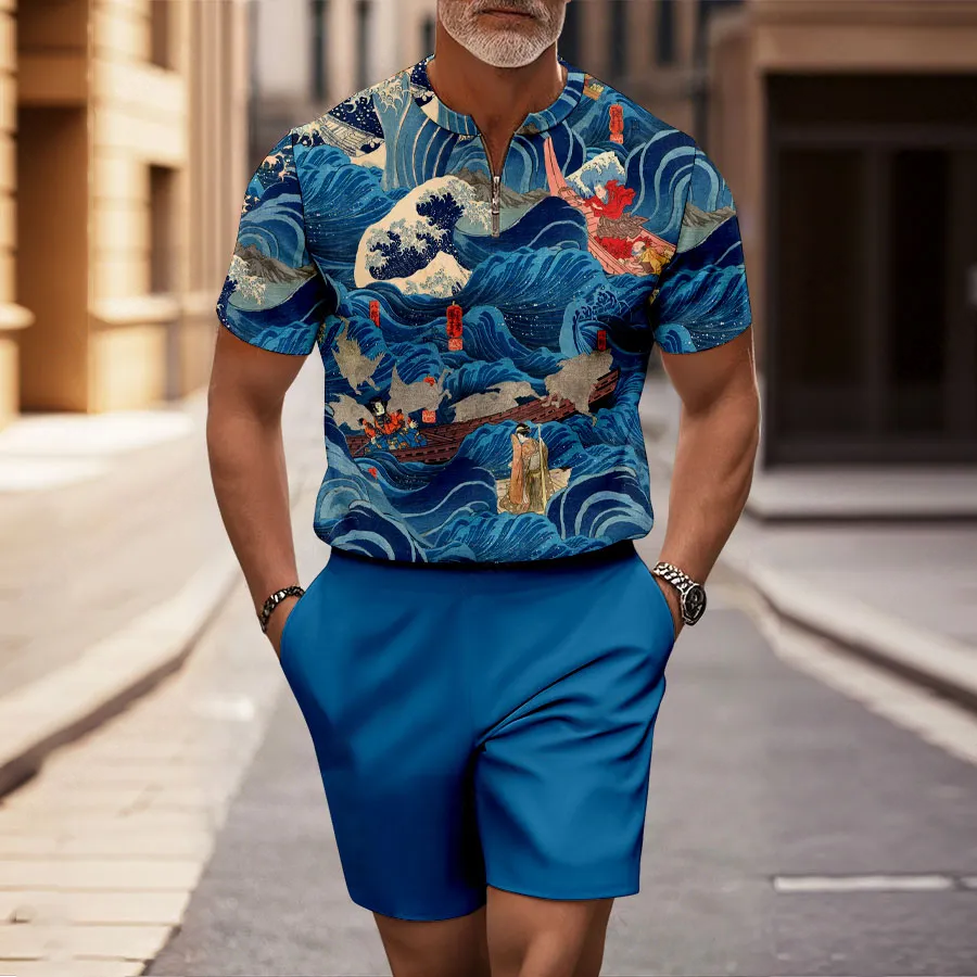 Conjunto de dos piezas casual Sapphire Blue Waves Half-Zip de manga corta camisa And shorts para hombre