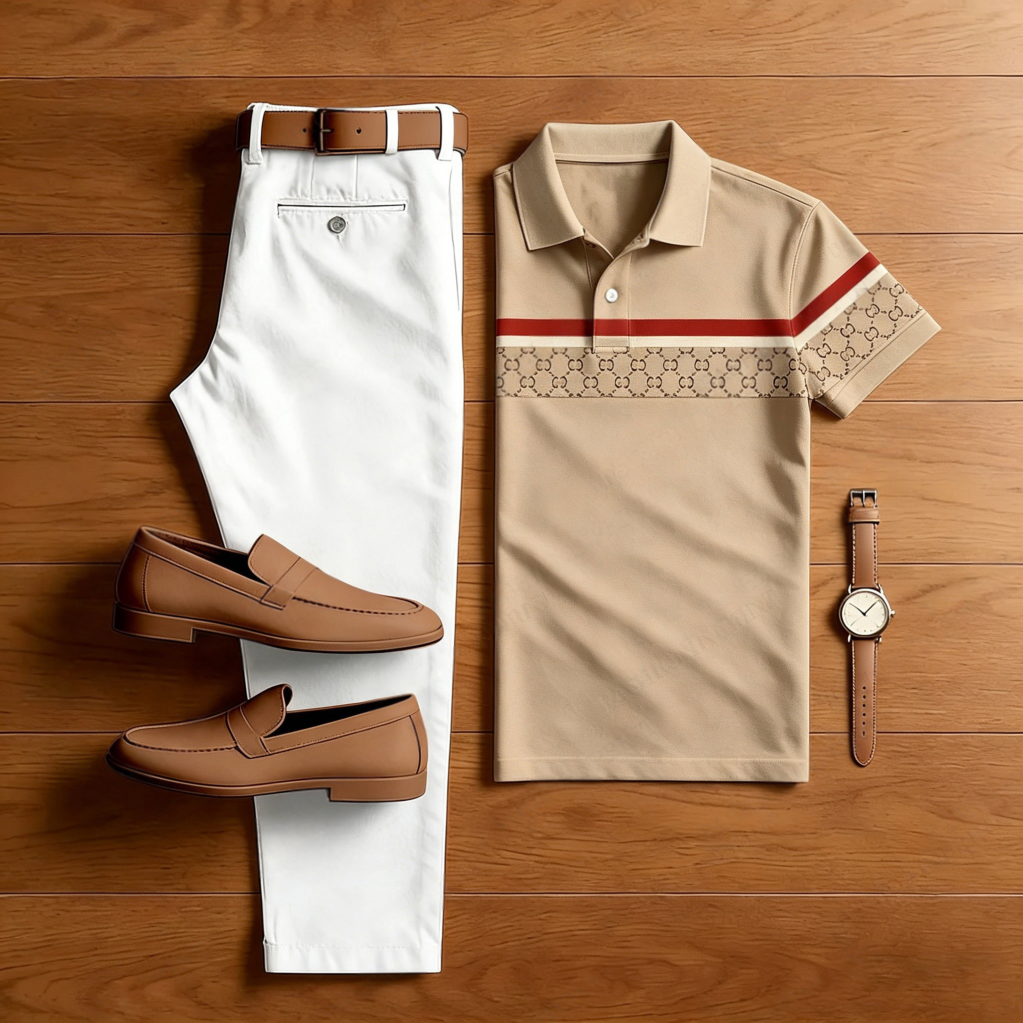 Conjunto de dos piezas casual Khaki a cuadros estampado camisa polo And pantalón para hombre
