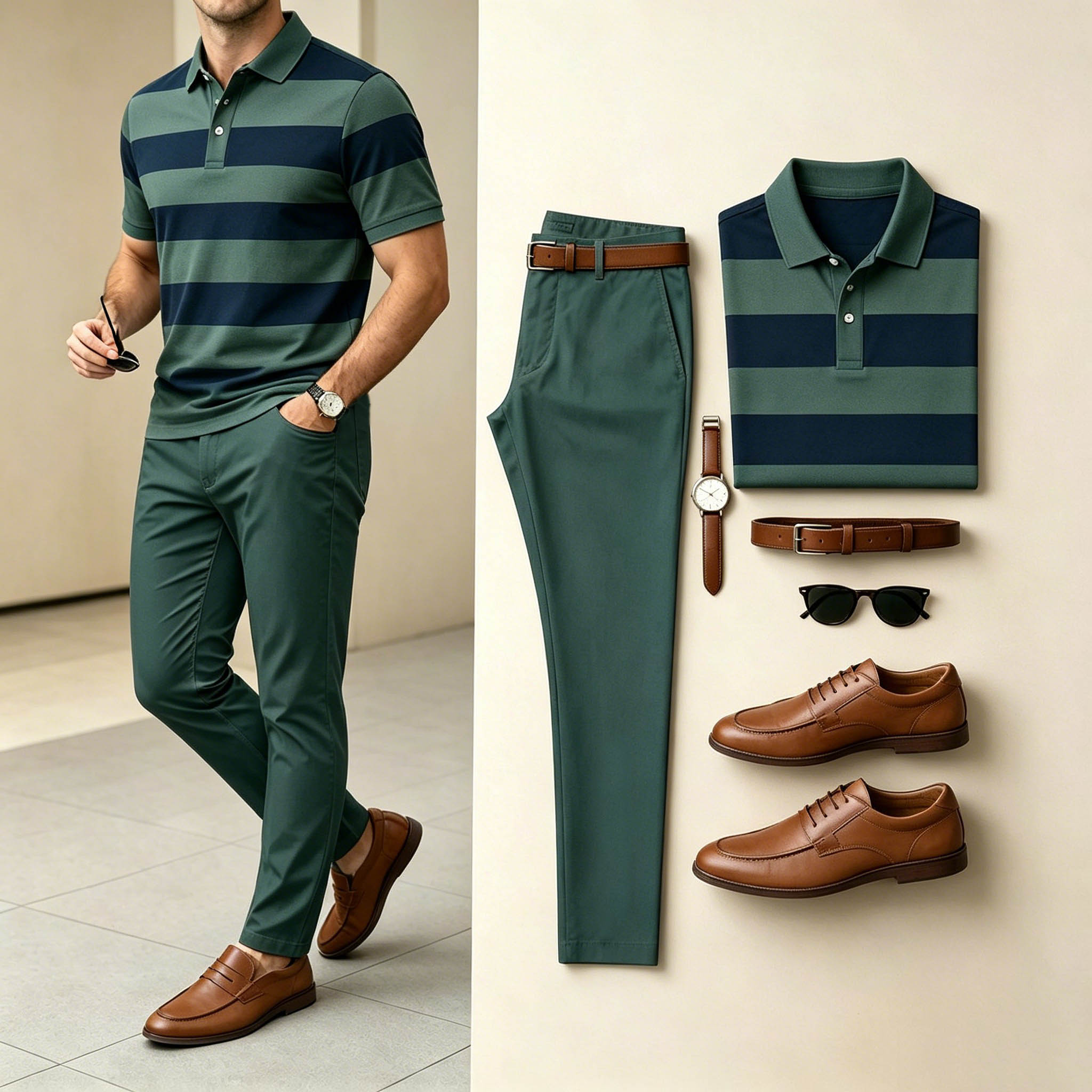 Conjunto de dos piezas casual Horizontal Wide rayas en bloques de color camisa polo And pantalón para hombre