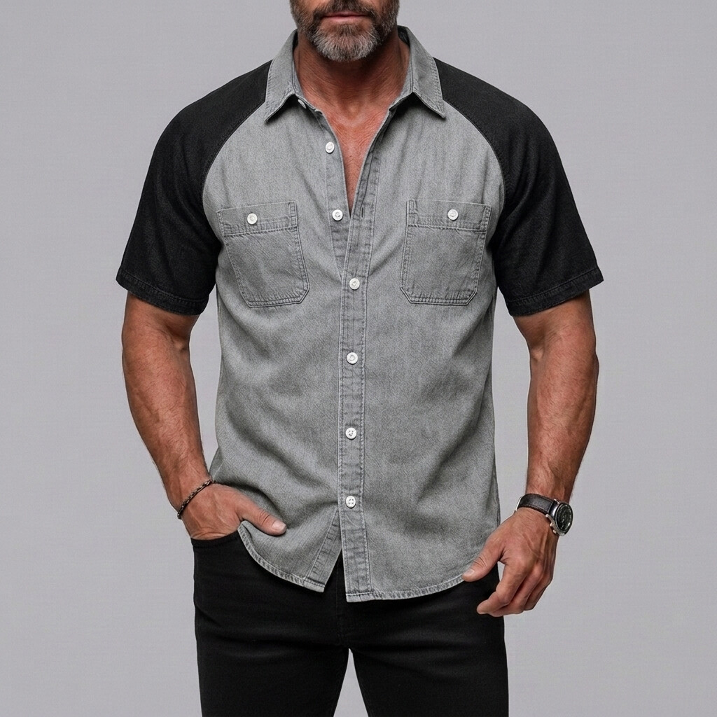 Camisa casual Patch Pockets Button-Up Colorblock Raglan Sleeve para hombre